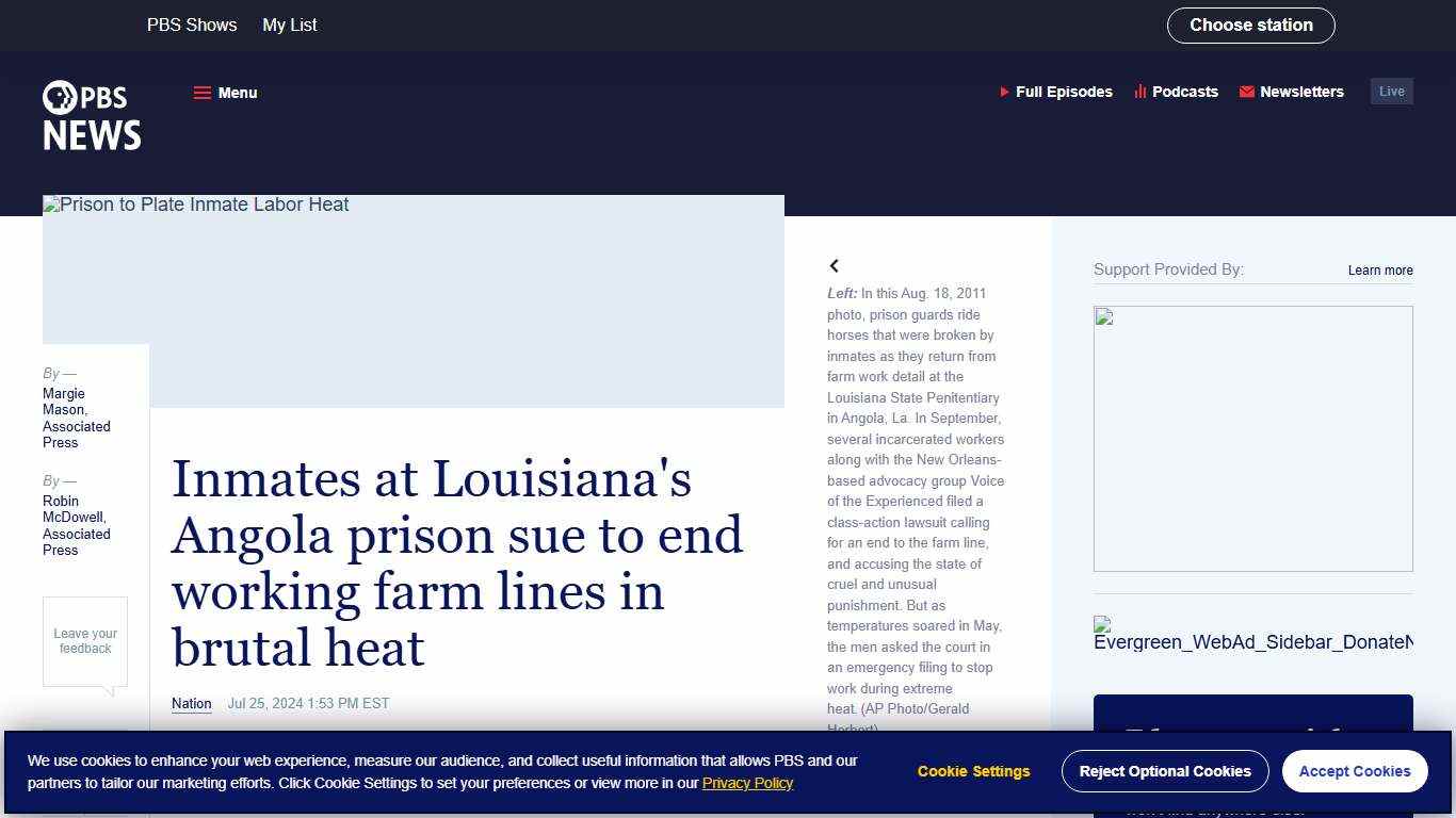 Inmates at Louisiana's Angola prison sue to end working farm lines in brutal heat PBS News